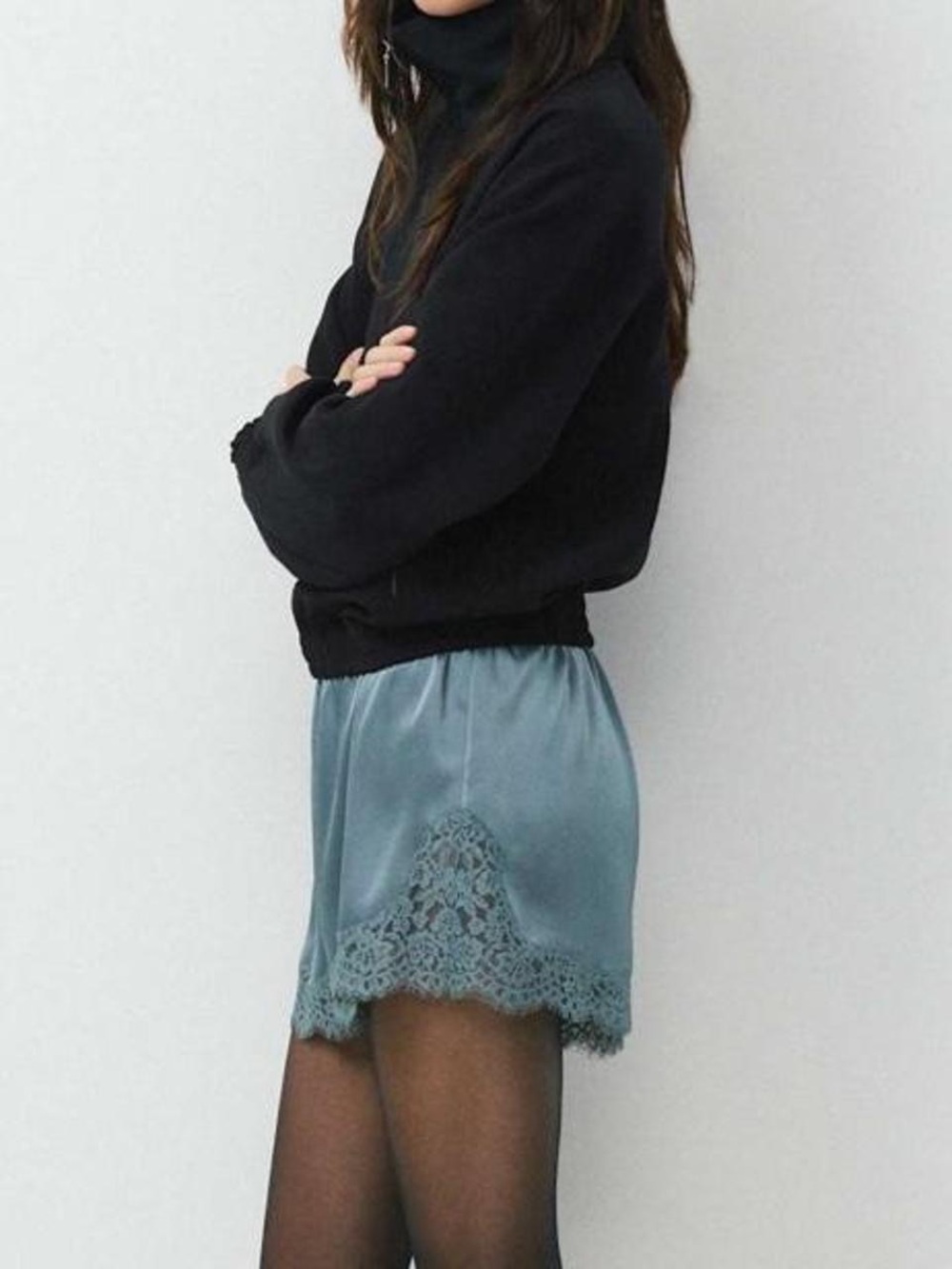 Aritzia Whimsy Satin Short. Double satin Shorts with Lace Trim in Blue Mirage.